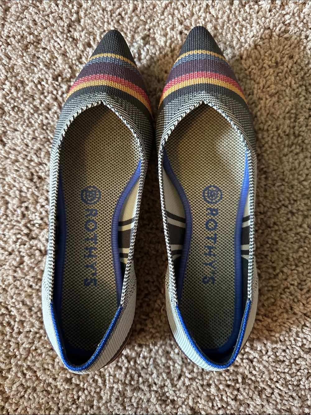 Rothy's Pointed Toe Flats in Gray with Blue, Red, and Yellow Stripes